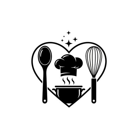 A black and white illustration of a spoon, chef hat, and whisk inside a heart shape, with a steaming pot below the hat and stars above.のイラスト素材