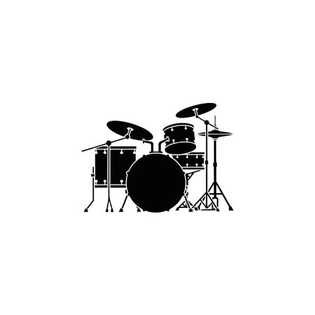 A black silhouette of a drum set, including drums, cymbals, and stands, against a white background.のイラスト素材