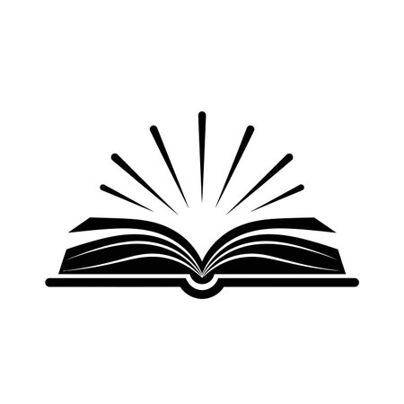 A simple black and white illustration of an open book with lines radiating upwards, representing enlightenment and learning.のイラスト素材
