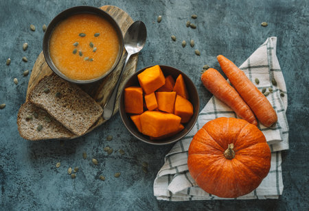 Pumpkin cream soup in a bowl with a spoon on wooden board on the table next to pumpkin whole and cut into pieces. Healthy, vegetarian food. Diet. Home cooking. Thanksgiving dayの写真素材