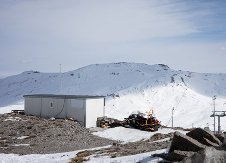 Snowmobiling equipment on the ski slope of Mount Elbrusの写真素材