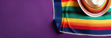 Background for Cinco de Mayo. Sombrero on Mexican Serape. Party decoration. Mexican fabric or rug pattern with colorful stripes. Banner with Mexican Serape design. Copy spaceの素材