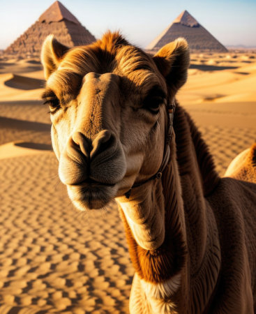 A camel looks into the camera against a backdrop of desert pyramids and bright sky. Tourism, invitation to travelの素材