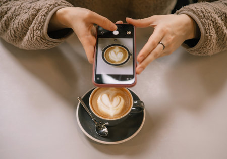 Young woman in a fluffy sweater holds a smartphone in hands and takes a photo of a cup of coffee...