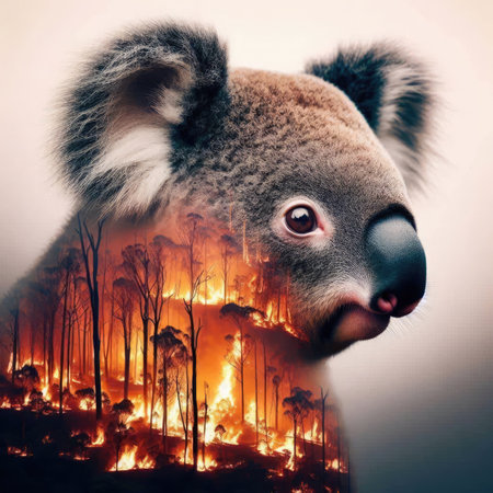 Helpless sad koala and forest fire in the style of double exposure. Ecological problems. Environment protection. Animal welfareの素材