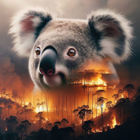 Helpless sad koala and forest fire in the style of double exposure. Ecological problems. Environment protection. Animal welfareの素材