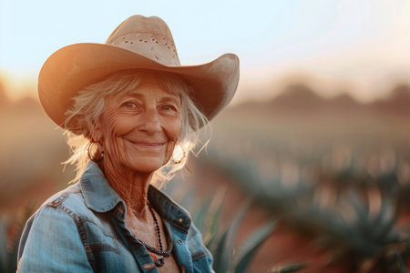 Portrait of elderly woman farmer in wide-brimmed hat stands in front of aloe vera plantations in the light of the setting sun. Cultivation of aloe vera, plant used for healthの素材