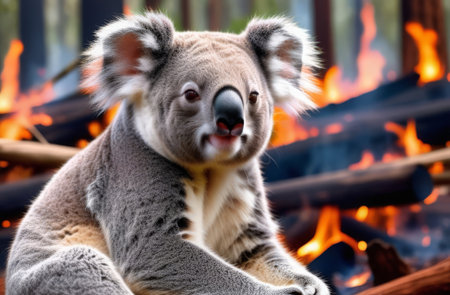 Helpless sad koala on backgrpund of forest fire. Ecological problems. Environment protection. Animal welfareの素材
