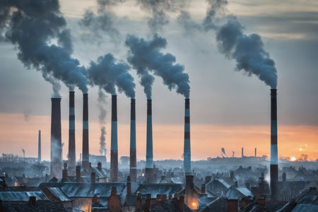Smoke from chimneys of a power plant at sunset in winterの素材