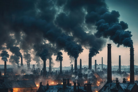Industrial smoke from chimneys in the city at sunset. Selective focusの素材