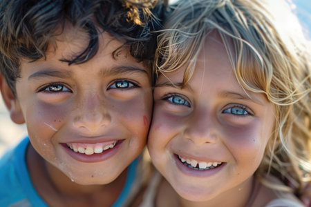 Close up portrait of happy children having fun on the beach in summerの素材