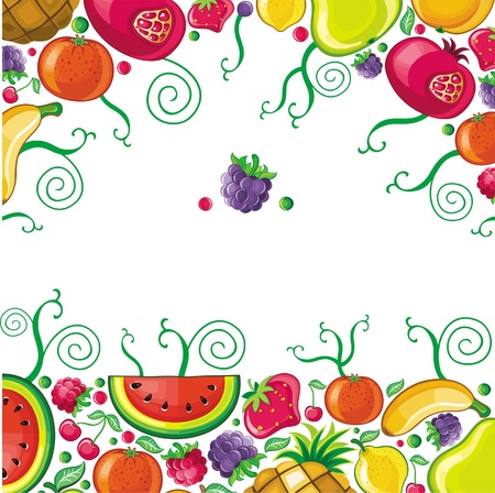 Different types of delicious fruits combined in frame. With space for your text のイラスト素材