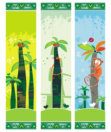 African jungle banners set with palm trees, monkey, snake, birds. With space for your text. のイラスト素材