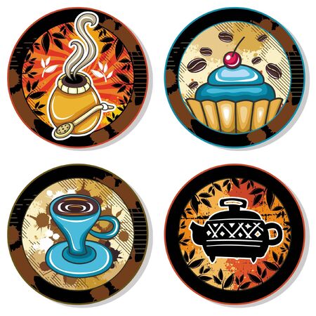 Grunge collection of drink coasters - coffee, tea, yerba mate themeのイラスト素材