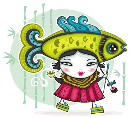 Funny Japanese girl wearing funny Fish hat holding cup of green tea and chopsticks with sushi のイラスト素材
