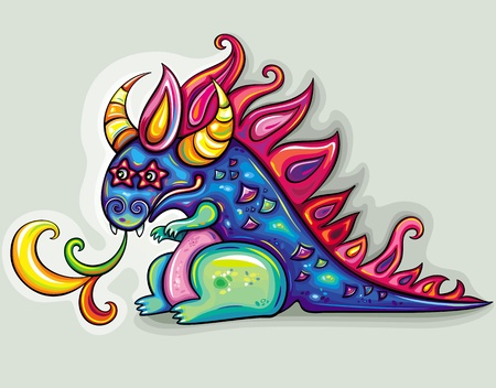 Oriental  New Year theme: Cute, fabulous, magical, blue and funny dragon, spinning rainbow magic fire.  Star eyesのイラスト素材