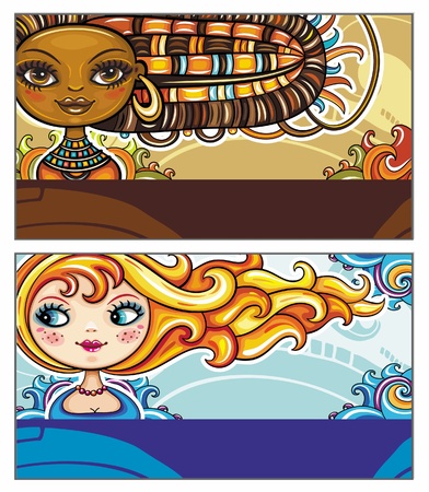 Set of colorful decorative business cards featuring attractive girls with stylish hair styles. Space for your information.のイラスト素材