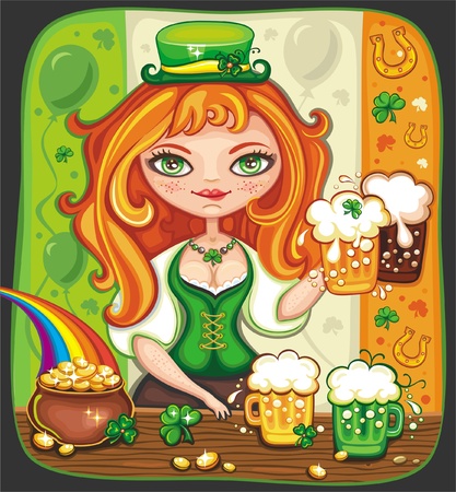Cute girl serving Saint Patrick s Day beer - vector banner with space for your text のイラスト素材