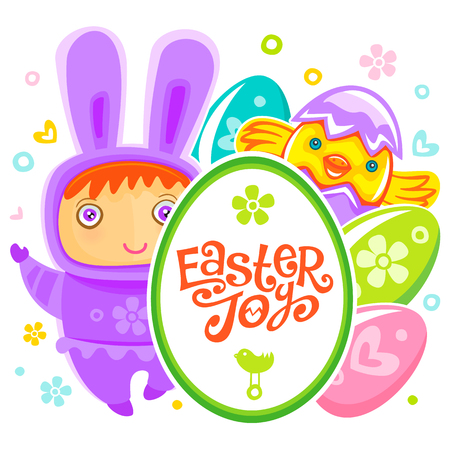 Colorful Easter Greeting Card child bunny and frame. Rabbit baby, eggs and chicken. Use it as banner, invitation to egg hunting. Vector isolated on white backgroundのイラスト素材