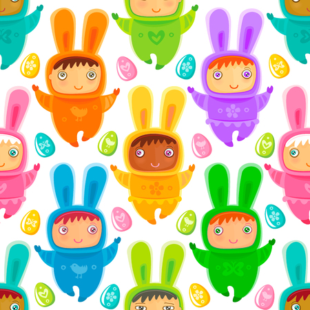 Colorful Easter Seamless texture with cute children at bunnies costumes, colorful eggs. Can be used as Easter wallpaper or wrapping paper for holiday gifts. Vector isolated on white backgroundのイラスト素材