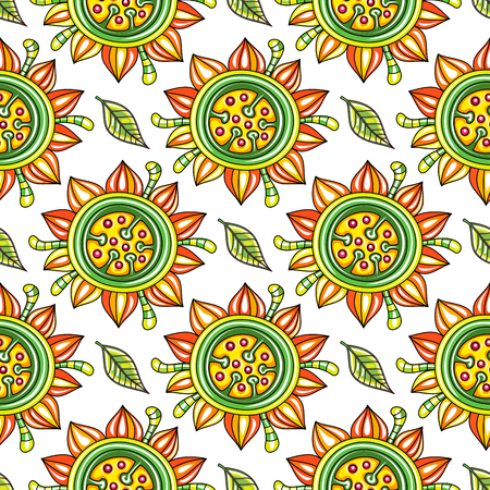 Seamless endless floral pattern with decorative sunflowers and leaves isolated on white background. Can be used as wallpaper or wrapping paper. Vector illustrationのイラスト素材