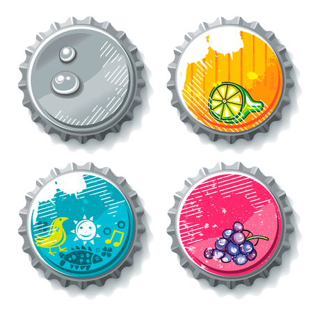 Vector set of bright metallic bottle caps with colorful cartoon juicy drawings on lids. Water drops and grunge textures. Design elements isolated on white backgroundのイラスト素材