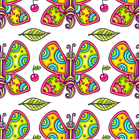 Seamless endless summer floral pattern. Cheerful tropical butterflies, decorative leaves, and juicy cherries isolated on white background. Vector can be used as wallpaper or wrapping paper for kids.のイラスト素材