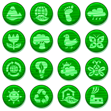 Eco green environment Icons Set, wooden round buttons Isolated On White Background - Vector Illustration, graphic design elements nature and ecology. Cute cartoon style.のイラスト素材
