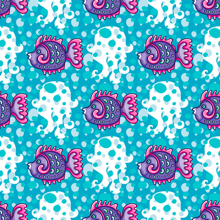 Vector nautical pattern. Seamless texture with hand drawn sea objects: decorative silhouette jellyfish, tropical reef fish, ocean bubbles and water waves. Vector nautical background, marine collectionのイラスト素材