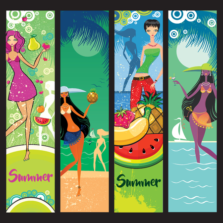 Vector set of summer banners with beautiful women silhouettes, tropical landscapes, juicy fruits, exotic cocktails, the seaside.のイラスト素材