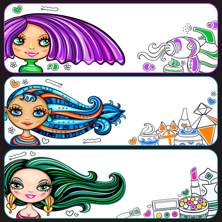 Set of colorful pretty, horizontal banners with attractive fashion young girls, trendy hairstyles and makeup. Beauty industry accessories: make-up, face and hair care products. Space for your textのイラスト素材