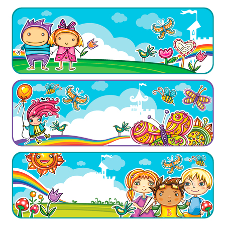 Vector set of horizontal banners, with little children in summer location on playground, in park. Template for advertising brochure, website banners, or kids party invitation. Funny cartoon character. Vector illustrationのイラスト素材