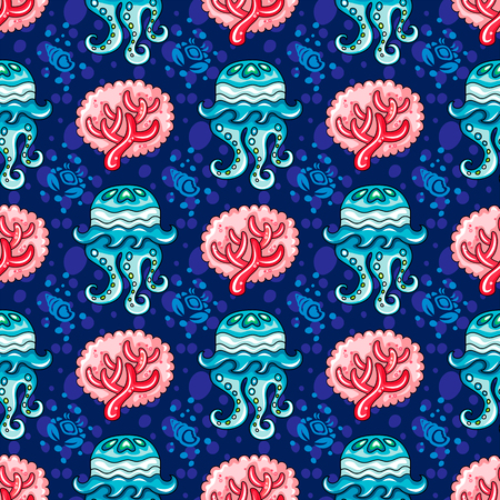 Vector nautical pattern. Seamless texture with hand drawn doodle sea objects: reef coral branch, decorative tropical jellyfish, ocean waves, silhouette of seashells and crabs. Vector nautical background, Marine vacation collectionのイラスト素材