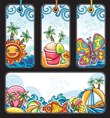 Vector set of summer vacation tags with palm, trees, cute butterfly, icecream cone, cheerful sun, boat, tropical fish, children sand bucket, beach ball, sea waves Cartoon labels sale. Design elementsのイラスト素材