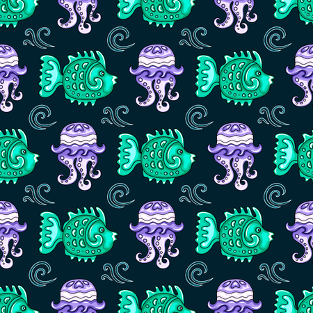 Sea travel seamless background with underwater diving animals. Decorative jellyfish, tropical reef fish, ocean bubbles, swirls, silhouette of waves. Vector doodle pattern, summer vacation collectionのイラスト素材