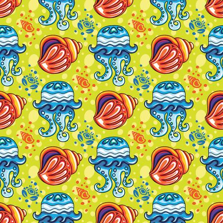 Sea travel seamless background with underwater diving animals. Cartoon tropical coral reef mollusk shell and ornate jellyfish, silhouette crabs, bubbles. Vector marine pattern, doodle summer vacationのイラスト素材
