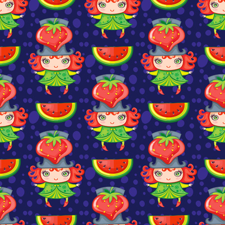 Seamless colorful pattern with cute little girl dressed fruity costume, wearing Strawberry hat and watermelon. Endless texture isolated on blue background. Can be used as wallpaper or wrapping paperのイラスト素材