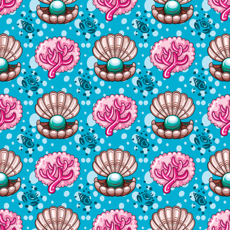 Sea travel seamless background with underwater diving animals. Cartoon tropical coral reef formation and open decorative pearl shell, seashell, silhouette crabs. Vector doodle pattern, summer vacationのイラスト素材