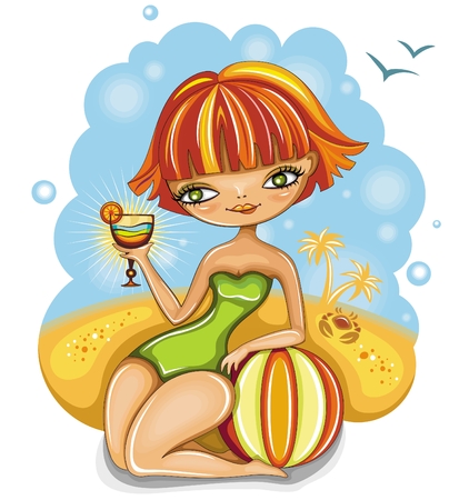 Beautiful young woman or girl sunbathing and posing at the beach. Beach ball, tropical cocktail.  Sand and sky. Summer vacation, travel resort design. Vector illustration isolated on white backgroundのイラスト素材
