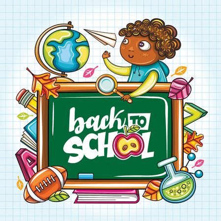 Vector education design concept with cartoon elements. Green blackboard, schoolboy with paper plane, football, leaves, back to school lettering, globe, magnifying glass, books. Seasonal sale bannersのイラスト素材