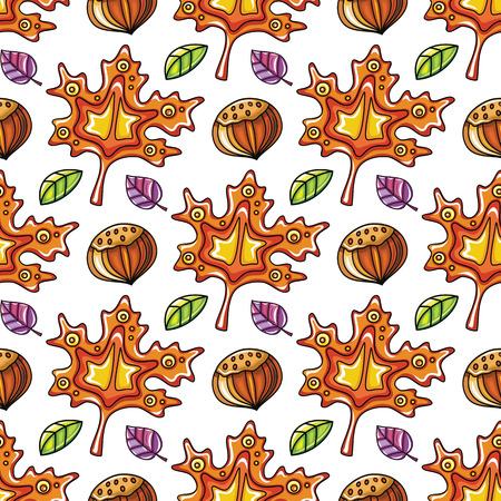 Autumn seamless pattern with leaves and hazelnut, fall leaf background. Abstract floral texture. Colorful cartoon backdrop. Cute template for fashion prints, seasonal sale. Vector design elementsのイラスト素材