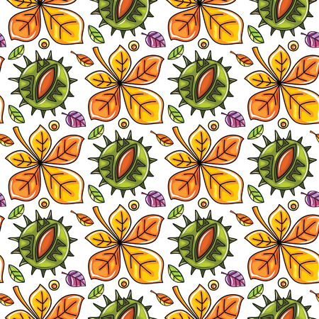 Autumn seamless pattern with leaves and chestnut, fall leaf background. Abstract floral texture. Colorful cartoon. Cute template for fashion prints, seasonal sale, social media. Vector design elementsのイラスト素材