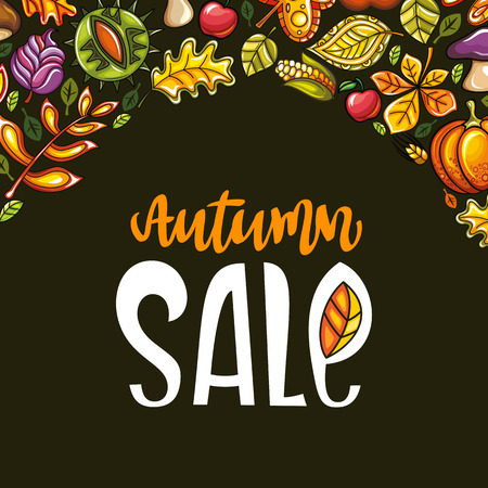 Hand drawn of Autumn Harvest Festival background for greeting card, banner and other uses Vector illustration with ripe pumpkin, oak leaf, chestnut, maple leaves, vegetables, acorn, and mushroom.のイラスト素材