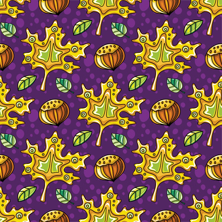 Autumn seamless pattern with leaves and hazelnut, fall leaf background. Abstract floral texture. Colorful cartoon backdrop. Cute template for fashion prints, seasonal sale. Vector design elementsのイラスト素材