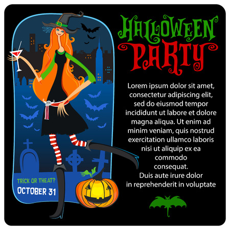 Halloween vector greeting card. Graveyard, tombstones, New York cityscape background, magic witch, Bloody Mary cocktail drink, hat and Jack o Lantern. Party invitation lettering, banners, sale offersのイラスト素材