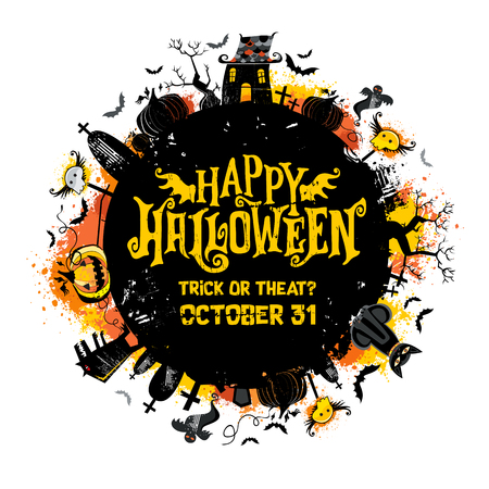 Halloween vector round card. Grunge design elements with texture stains Happy Halloween lettering, flying ghosts, bats, haunted house, Jack o Lantern, pumpkin with smiling face, tombstones, werewolf.のイラスト素材