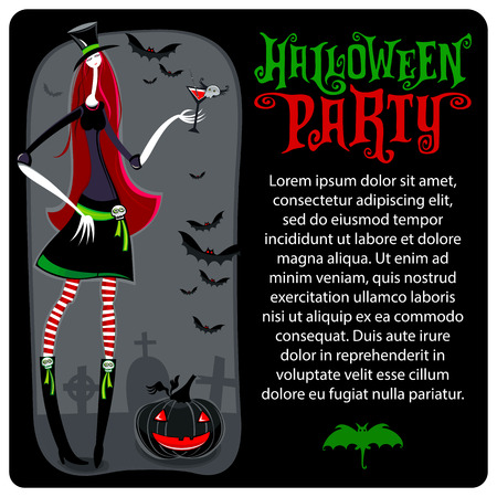 Halloween vector greeting card. Dark graveyard, with tombstones, zombie witch with Bloody Mary cocktail drink, magic hat, Jack o Lantern. Party invitation lettering, banners, sale offers, social media.のイラスト素材