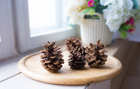 cones of spruce on a wooden board. cones lie on a background of wood.の写真素材