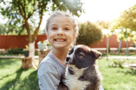 little girl is playing with a dog. a dog as a gift to children. children's smile happyの写真素材