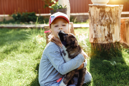 little girl is playing with a dog. a dog as a gift to children. children's smile happyの写真素材
